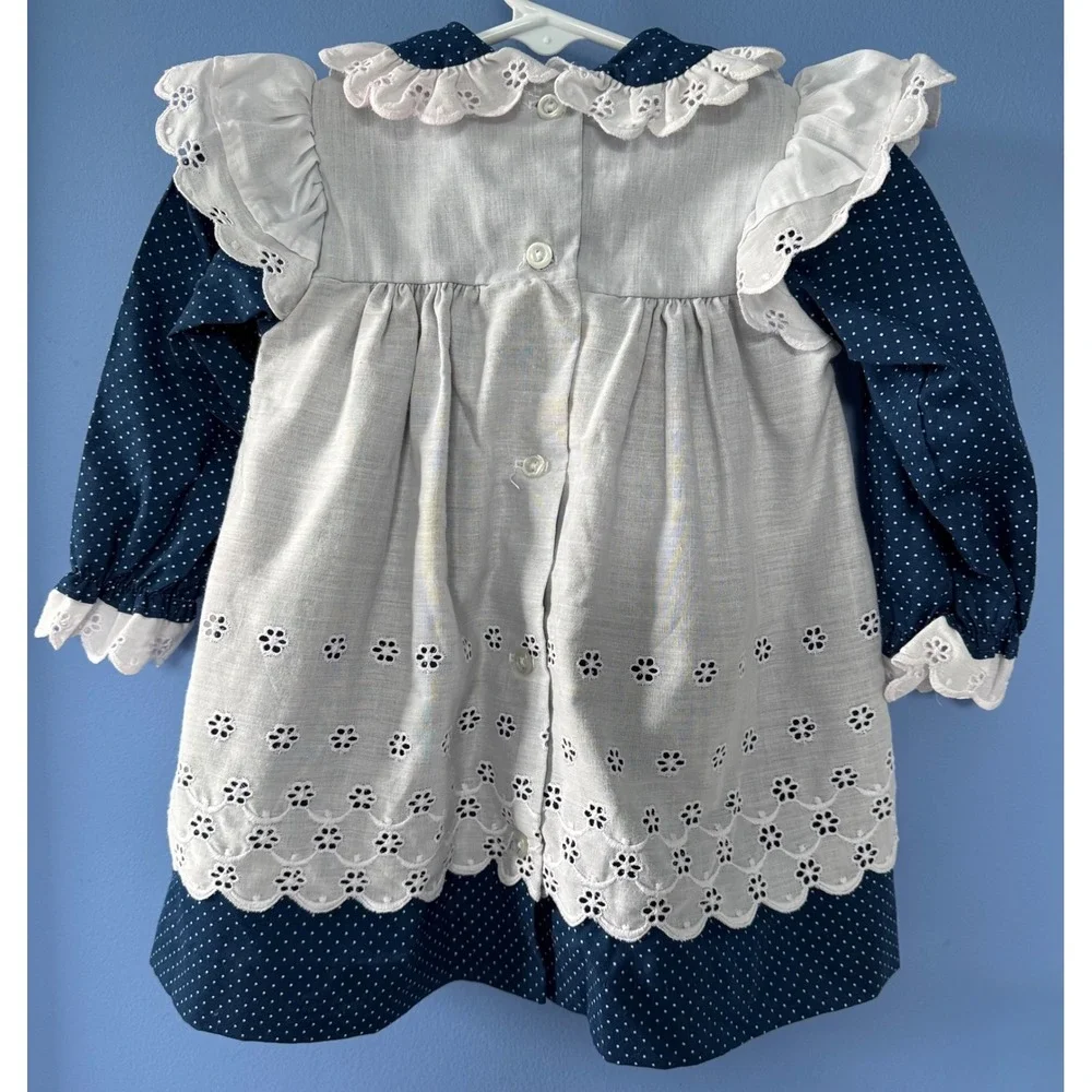 Vintage Alexis Girls Navy Blue Polka Dot Eyelet Lace Dress 18 Months Made in USA